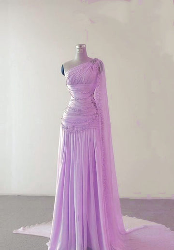 Sheath One Shoulder Pink Long Chiffon Evening Gown Prom Dresses SD2314 HZ0628